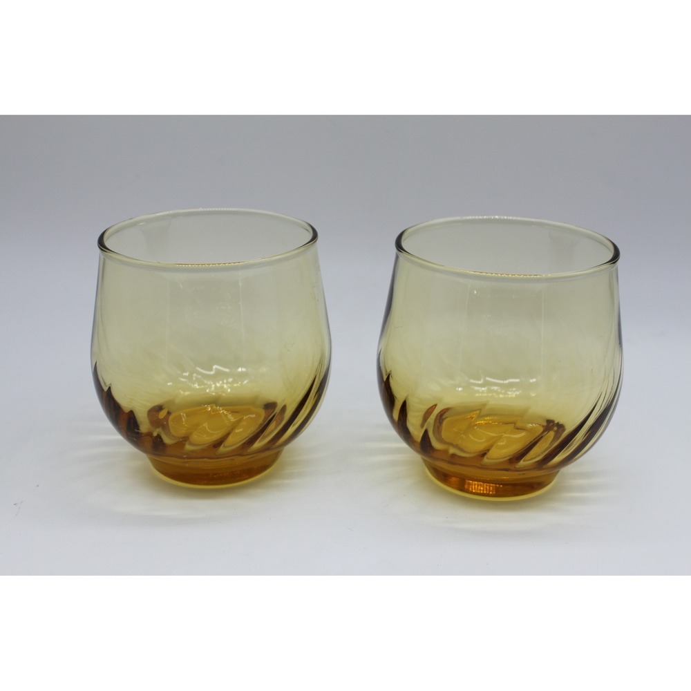 Set of 2 Vtg MCM Anchor Hocking Golden Amber Lowball On-the-Rocks Glasses